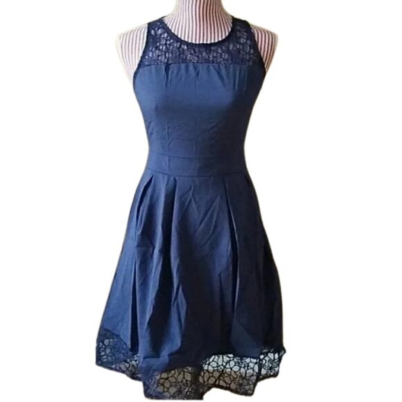 Navy Blue Lace Fit and Flare Dress - Picture 2 of 4